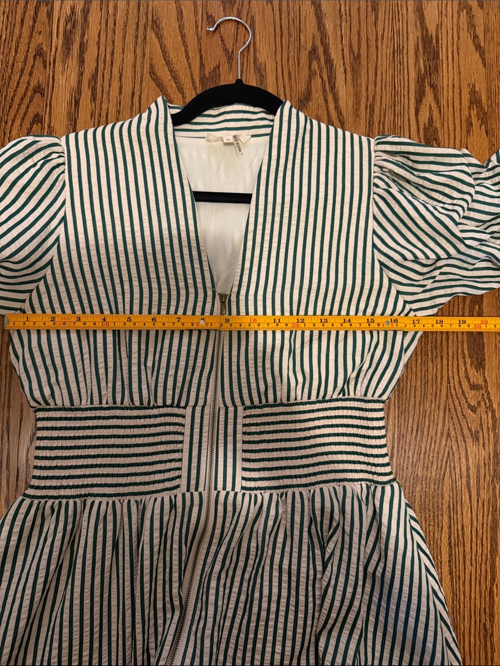Entro Green White Striped Smocked Waist Puff Sleeve Zipper Front Midi Dress M - Picture 7 of 11